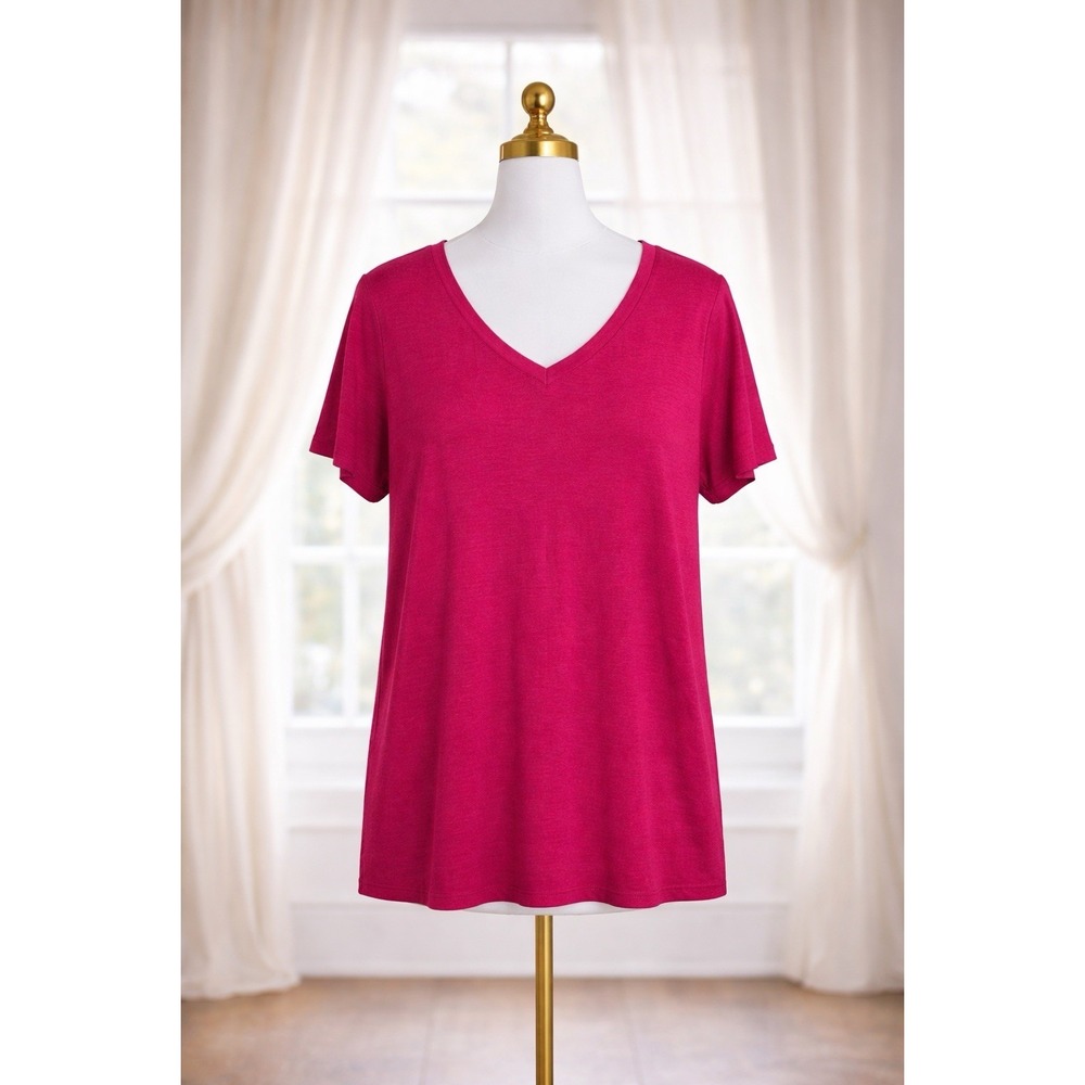 Tahari Luxe Popover Tee 100% Linen Pink V-Neck Short Sleeve T-Shirt Top Size 1x